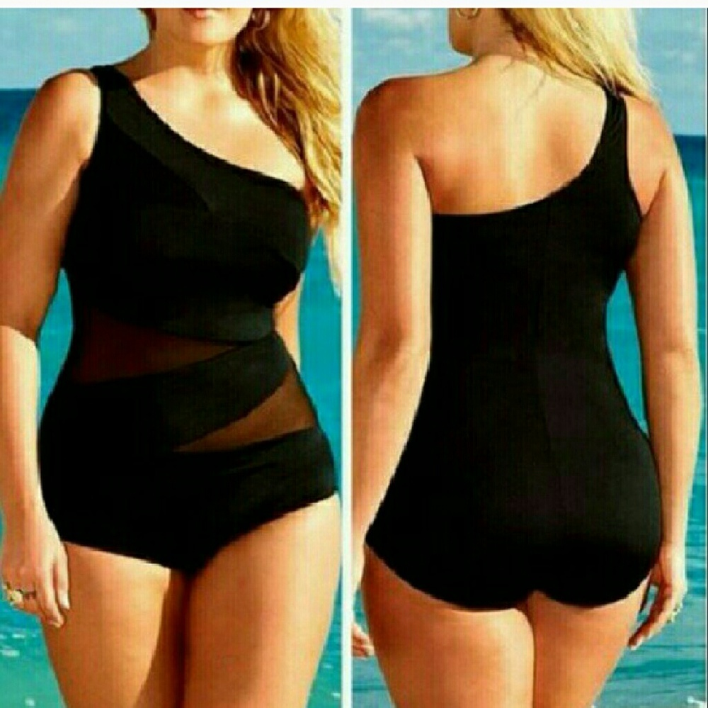 Black Mesh Patchwork Sweetheart Neck One Piece Swi - image 1